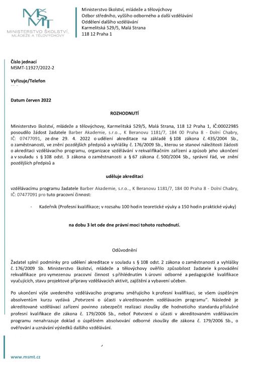 Akreditace MŠMT — Barber Akademie